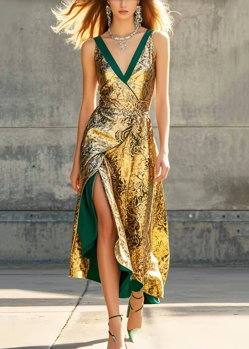 Golden Jacquard Side Open Party Dresses Sleeveless