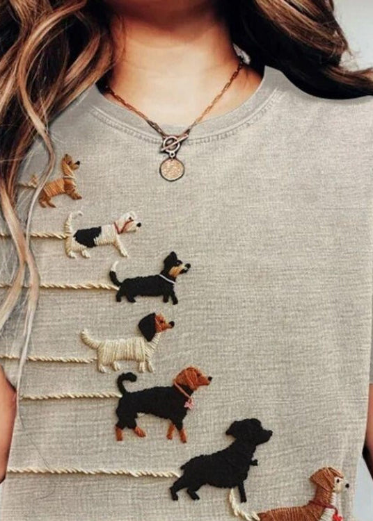 Grey O Neck Animal Cotton T Shirt Tops Summer