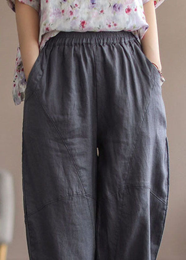 Grey Patchwork Linen Pants High Waist Summer