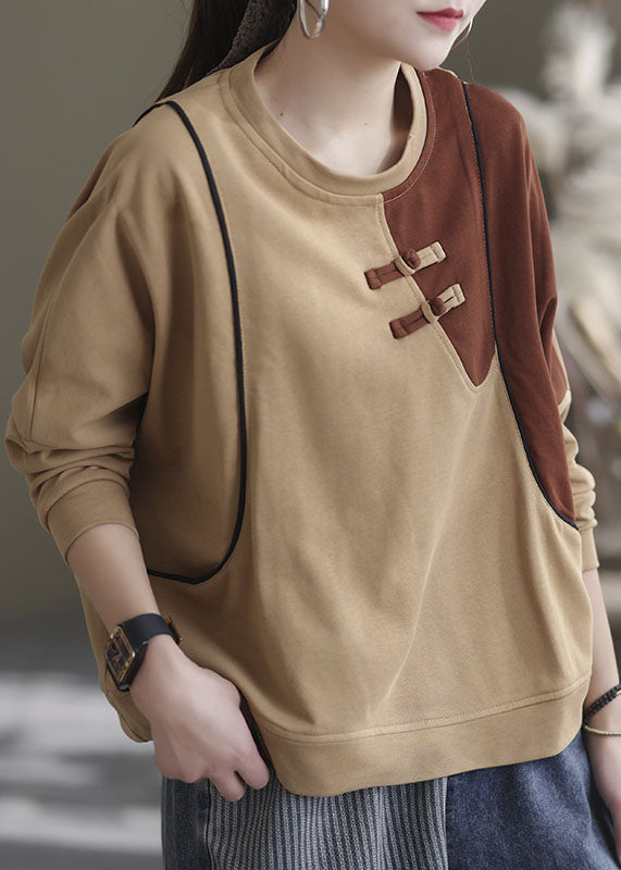 Khaki O-neck Patchwork Cotton Sweatshirts Spring