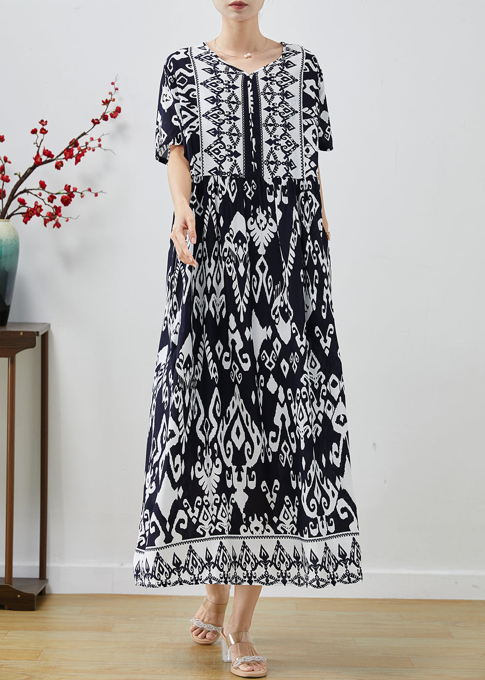 Black Oversized Print Cotton Holiday Dresses Summer