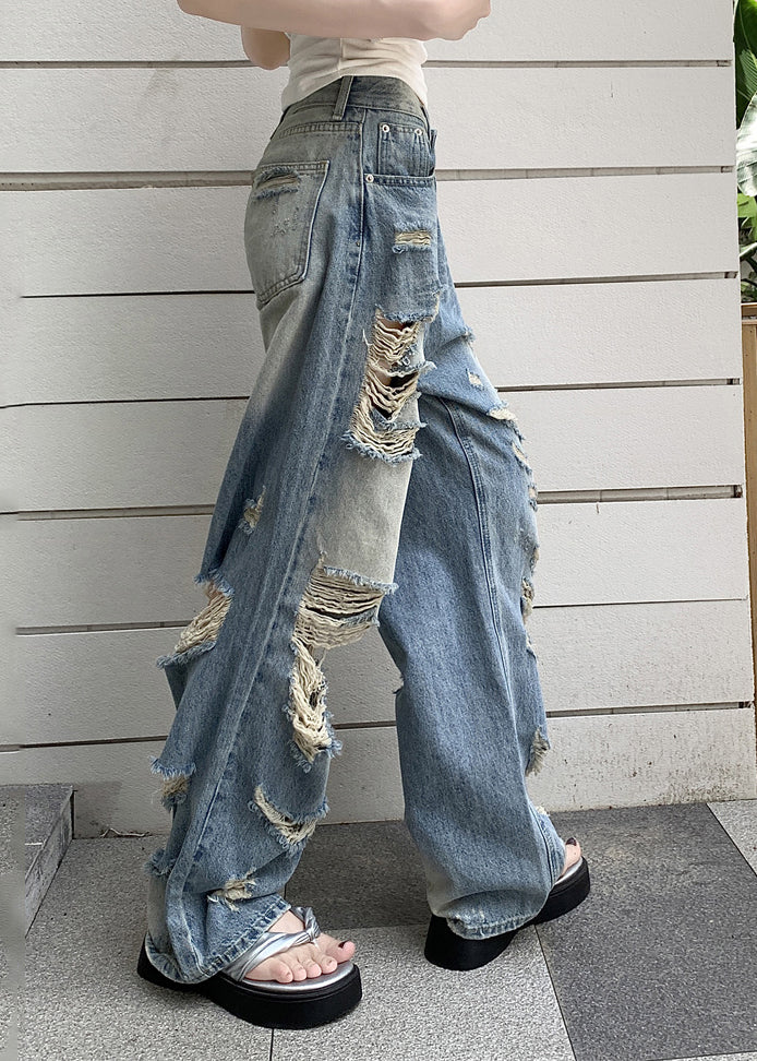 Blue Pockets Patchwork Hole Denim Pants Fall