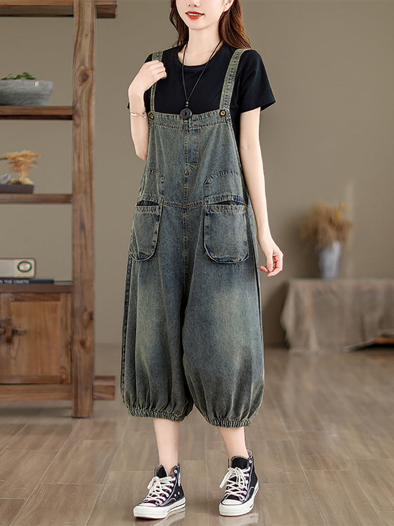 Retro Summer Pocket Denim Jumpsuits
