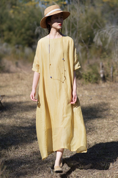 Summer Simple Short Sleeve Dress Loose Ramie Robe