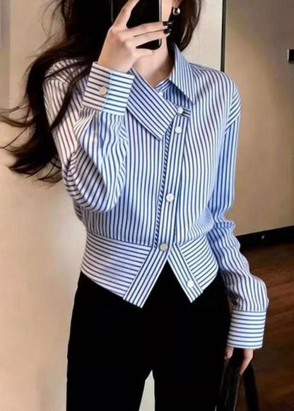 Blue Striped Peter Pan Collar Button Shirt Spring
