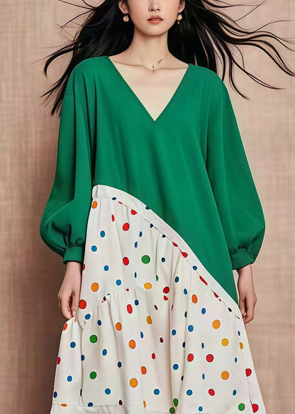 Green Oversized Patchwork Print Cotton Dresses Fall