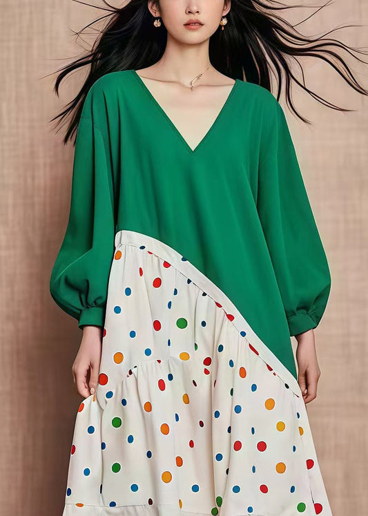 Green Oversized Patchwork Print Cotton Dresses Fall