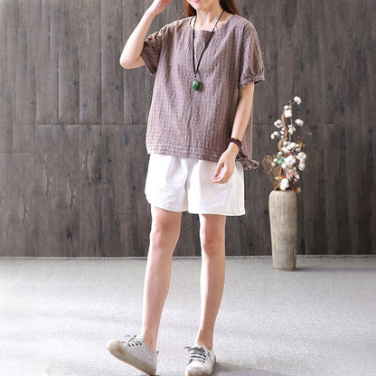 Cotton Tops Oversized Retro Lacing Cotton Linen Short Sleeve Pullover T Shirt