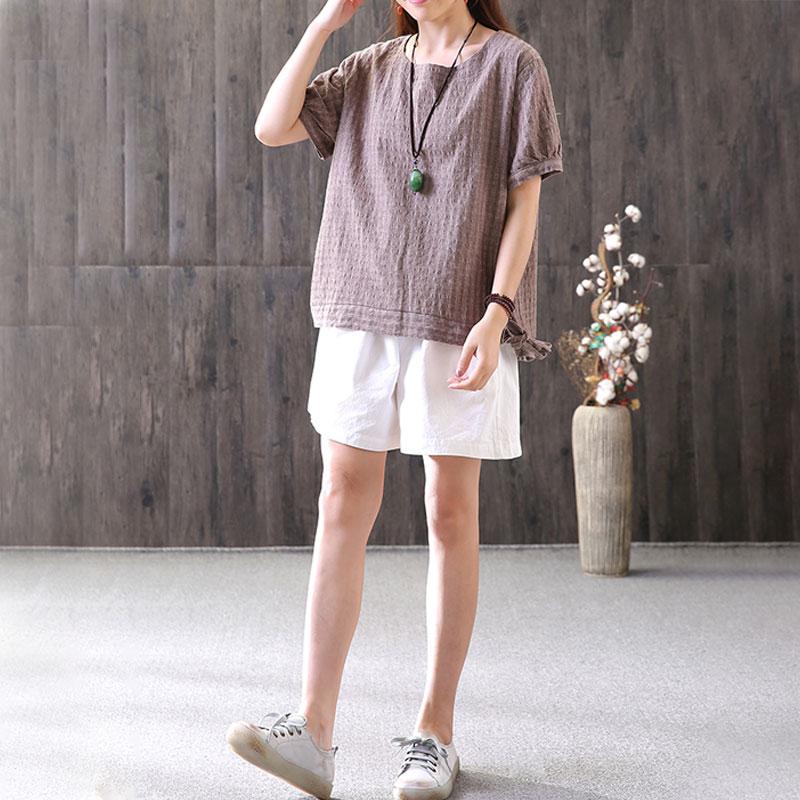 Cotton Tops Oversized Retro Lacing Cotton Linen Short Sleeve Pullover T Shirt