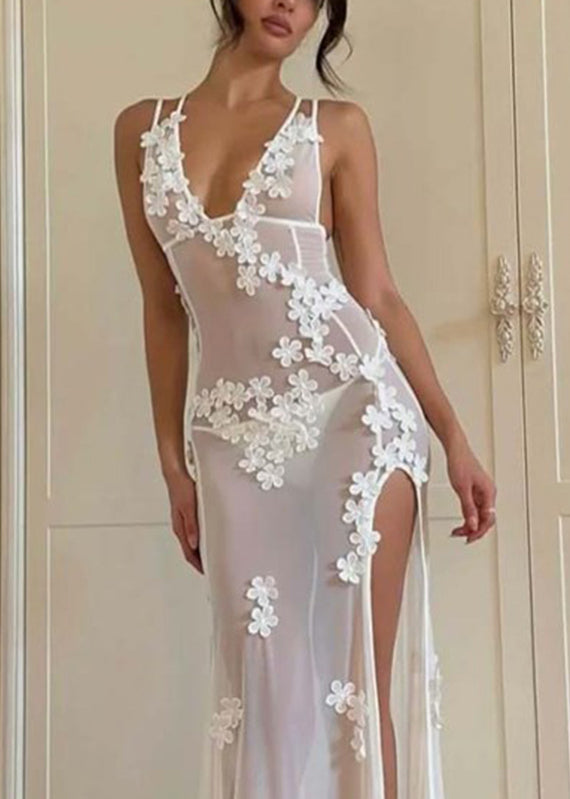 White Strapless Bikini Flower Side Open Long Swimwear Dresses