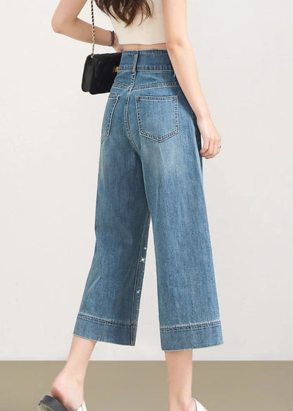 Blue Pockets Zircon Denim Crop Pants Summer