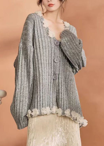 Grey Button Tulle Patchwork Cotton Knit Cardigan Winter