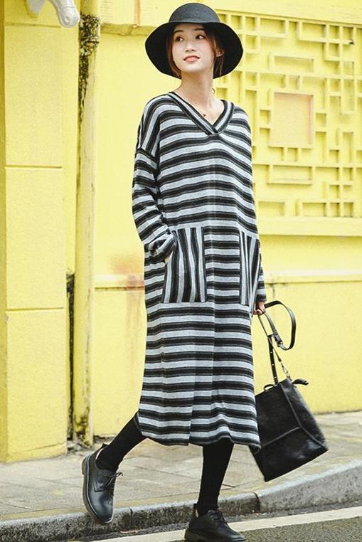 Gray Striped Loose Sweater Dresses for Winter