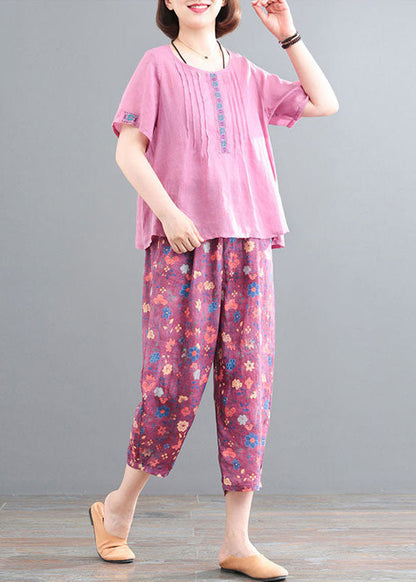 Pink Linen Tops and Pants Two Pieces Set Wrinkled Embroidered Short Sleeve