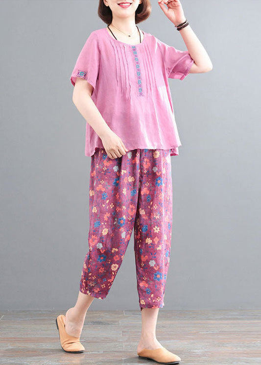Pink Linen Tops and Pants Two Pieces Set Wrinkled Embroidered Short Sleeve