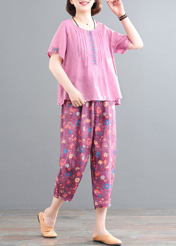 Pink Linen Tops and Pants Two Pieces Set Wrinkled Embroidered Short Sleeve