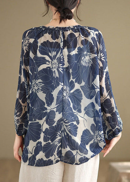 Blue Ruffled Lace Up Print Chiffon Shirt Tops Summer