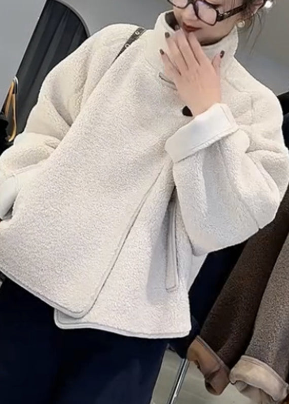 White Stand Collar Patchwork Pockets Faux Fur Coats Fall