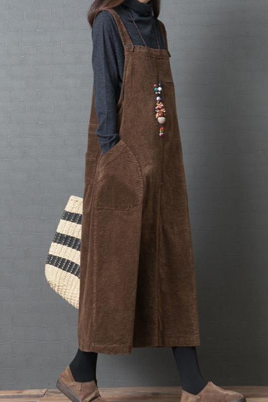 Corduroy Loose Large Pocket Suspenders Dress