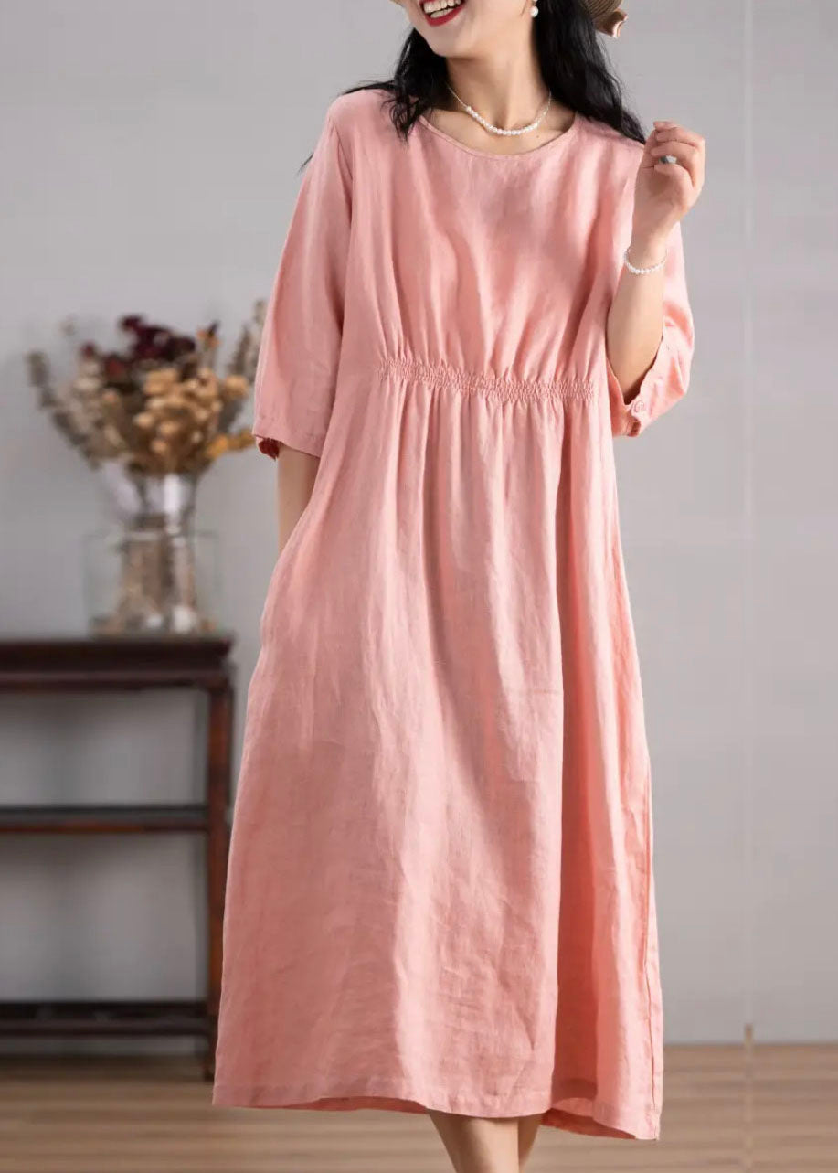 Blue O Neck Pockets Wrinkled Linen Dresses Summer