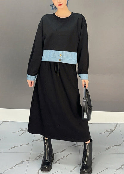 Black O-neck Denim Patchwork Pockets Maxi Dresses Spring