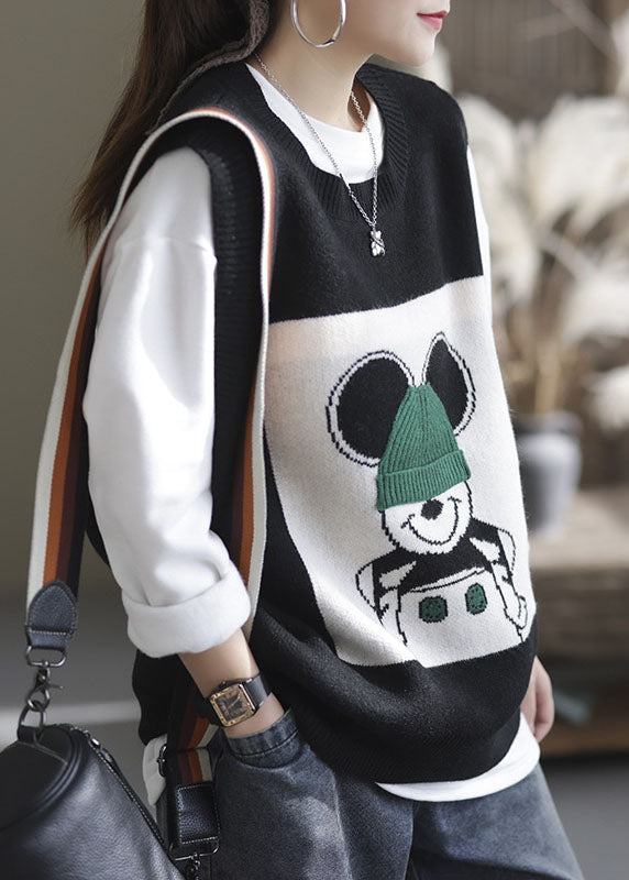 Black O-neck Animal Knit Vest Sleeveless