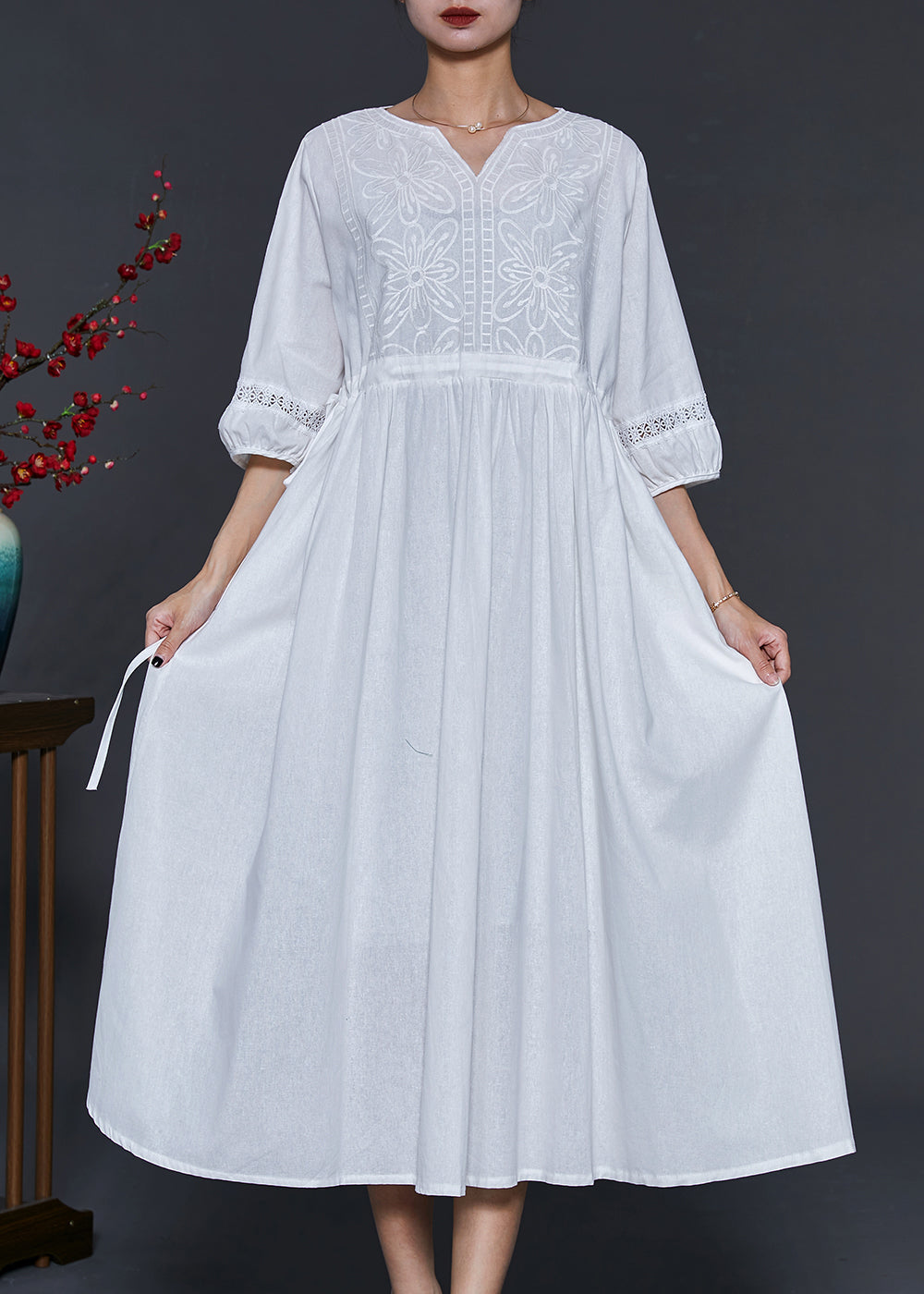 White Embroidered Cotton Cinched Dress Summer