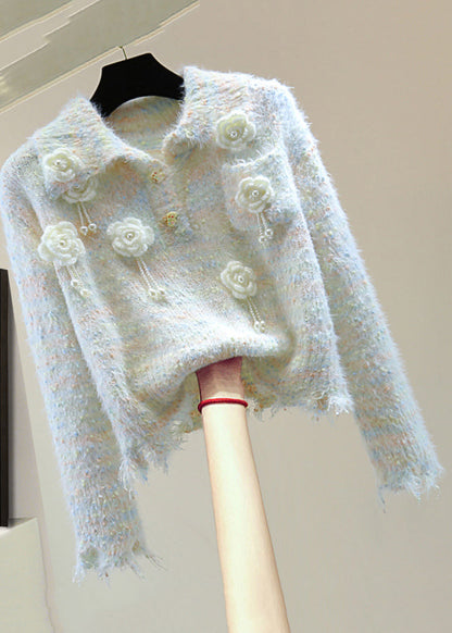 Light Blue Peter Pan Collar Tassel Thick Cotton Knitted Sweater Winter