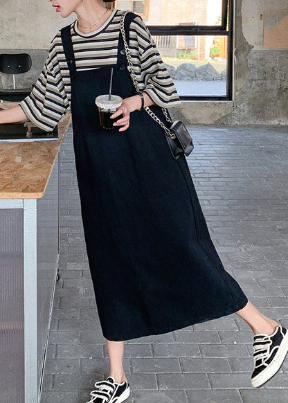 Classy O-neck Striped Patchwork T Shirt and Long Dress Two Piece Set Summer
