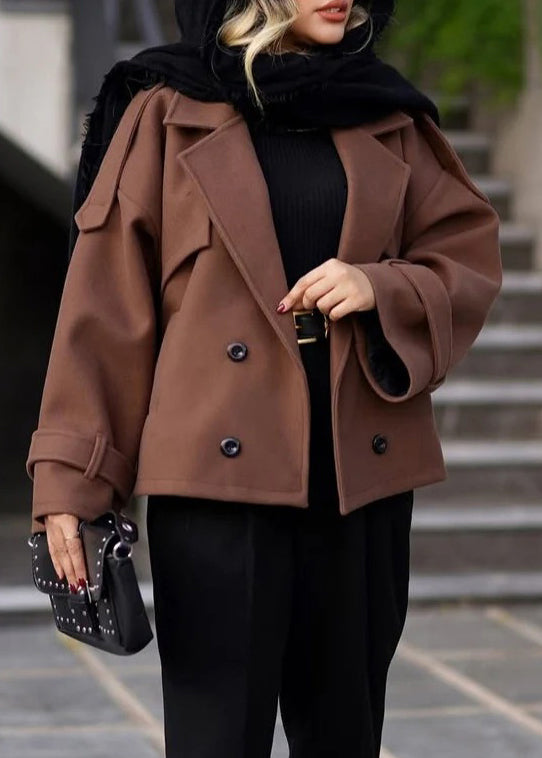 Grey Peter Pan Collar Button Woolen Coats Winter