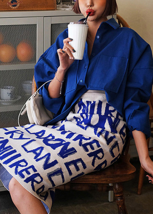 Blue Letter Print Back Side Open Knit Skirts Spring