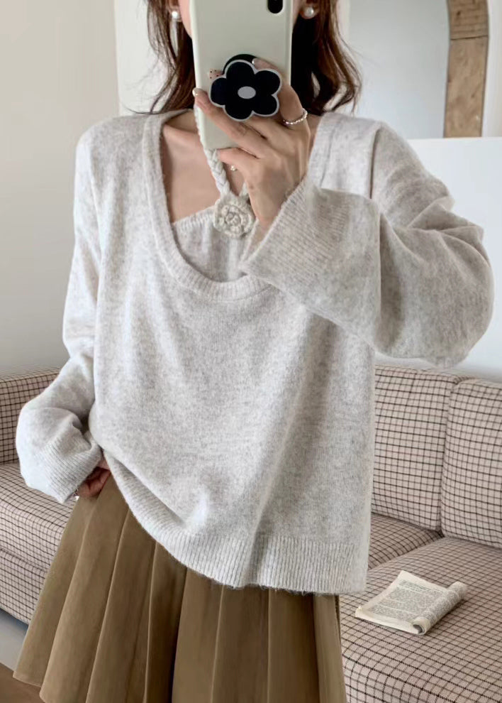 Beige Oversized Knitted Tops Two Piece Suit Set Winter