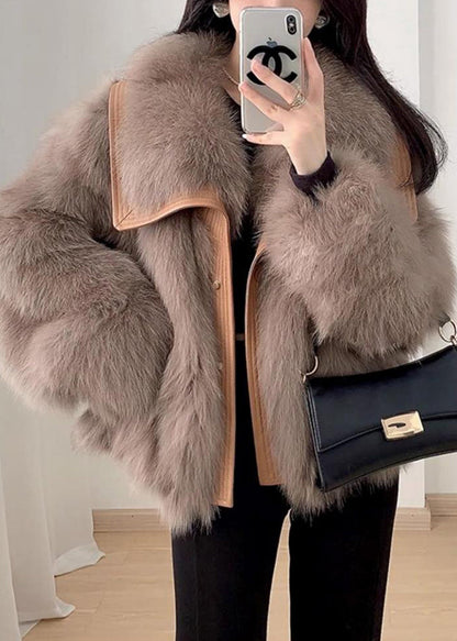 Beige Peter Pan Collar Button Leather and Fur Coats Spring