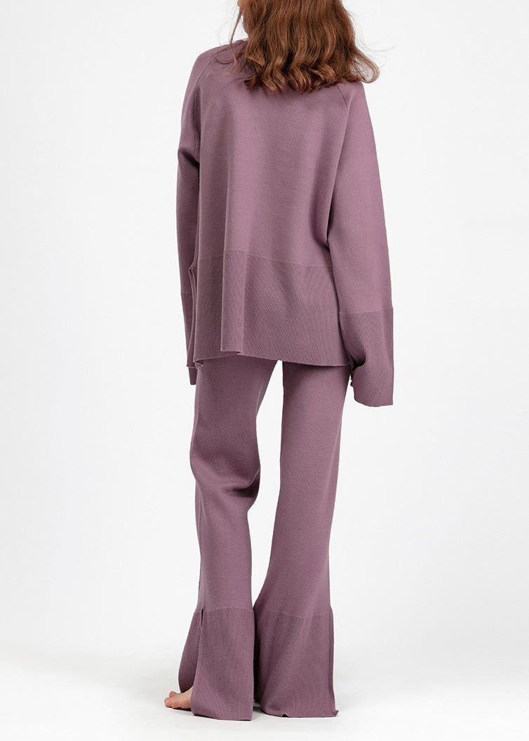 Purple O Neck Side Open Knit Two Pieces Set Flare Sleeve