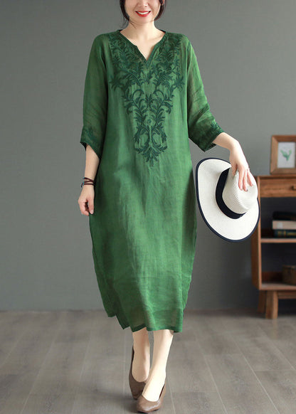 Boutique Green Embroidered Patchwork Linen Dresses Bracelet Sleeve