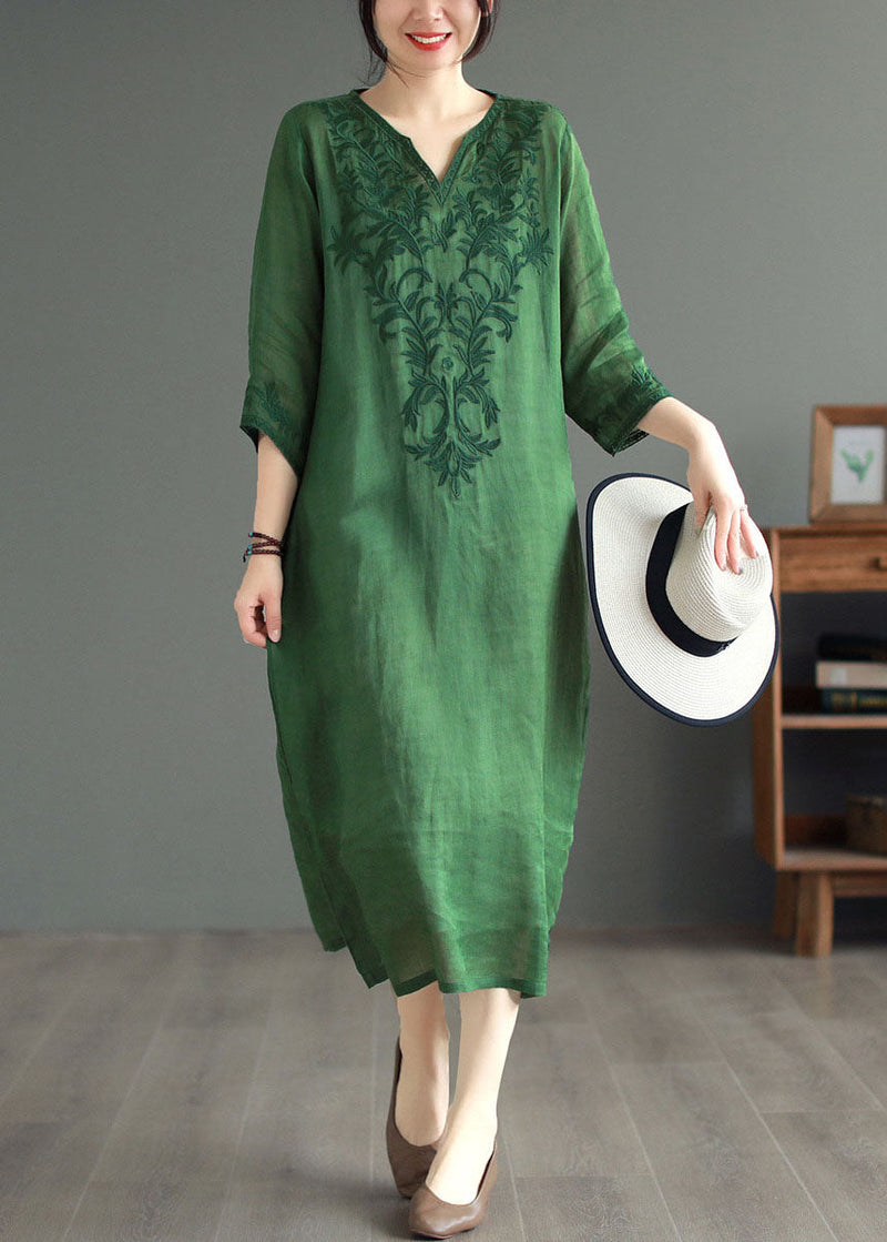 Boutique Green Embroidered Patchwork Linen Dresses Bracelet Sleeve
