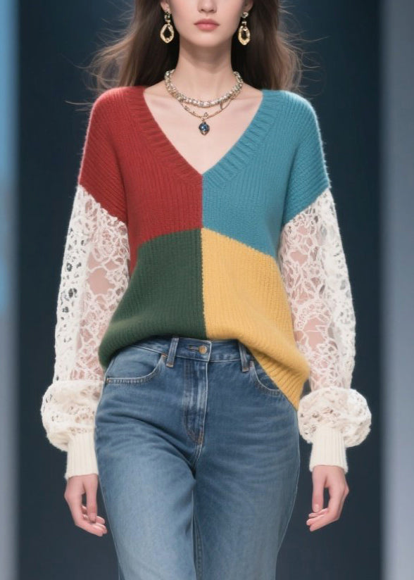 Mixed Color Hollow Out Patchwork Lace Sweater Tops Fall
