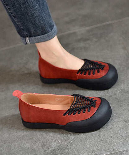 Comfortable Red Cowhide Leather Splicing Flat Feet Shoes