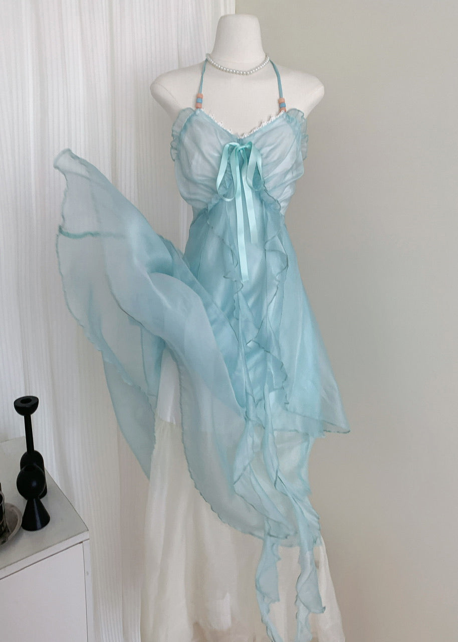 Blue V Neck Ruffled Lace Up Chiffon Long Dresses Sleeveless