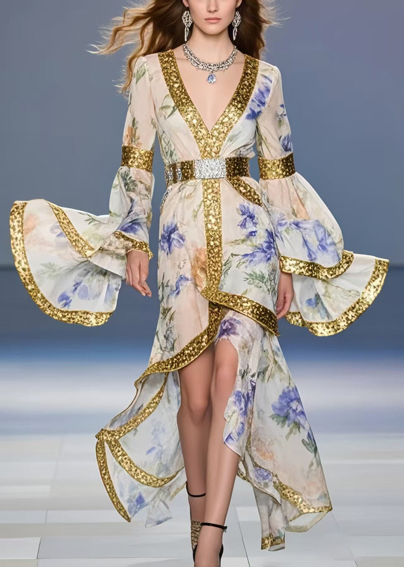 Fine Apricot Print Asymmetrical Design Chiffon Tunic Dresses Flare Sleeve