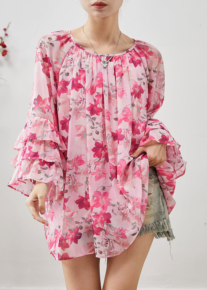 Diy Pink Oversized Print Chiffon Top Flare Sleeve