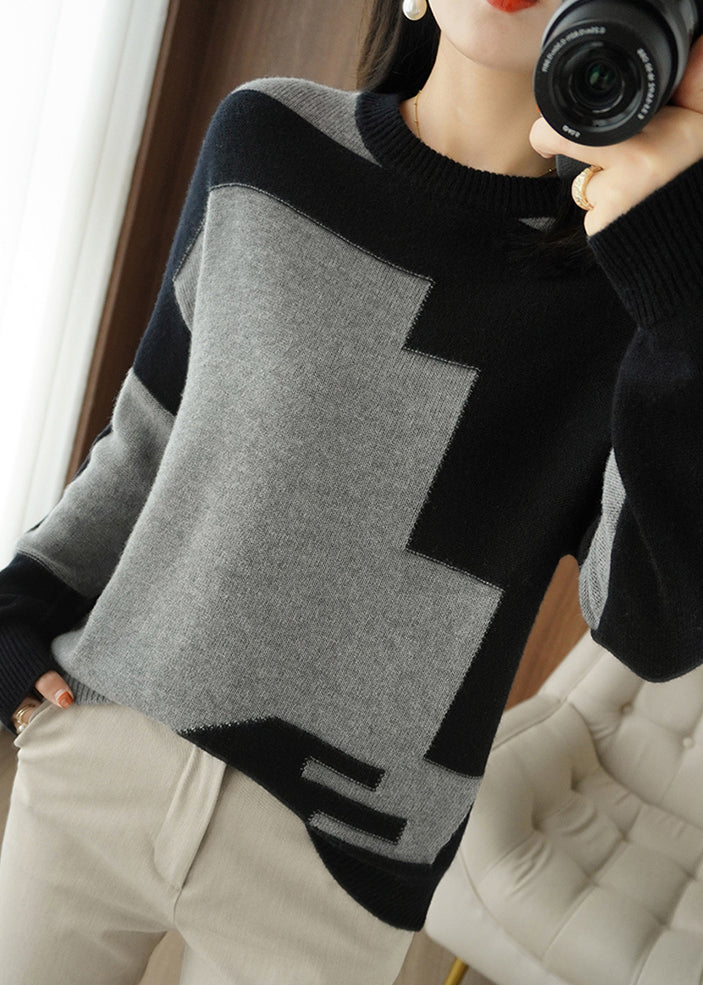 Grey Asymmetrical Patchwork Wool Knit Top Fall