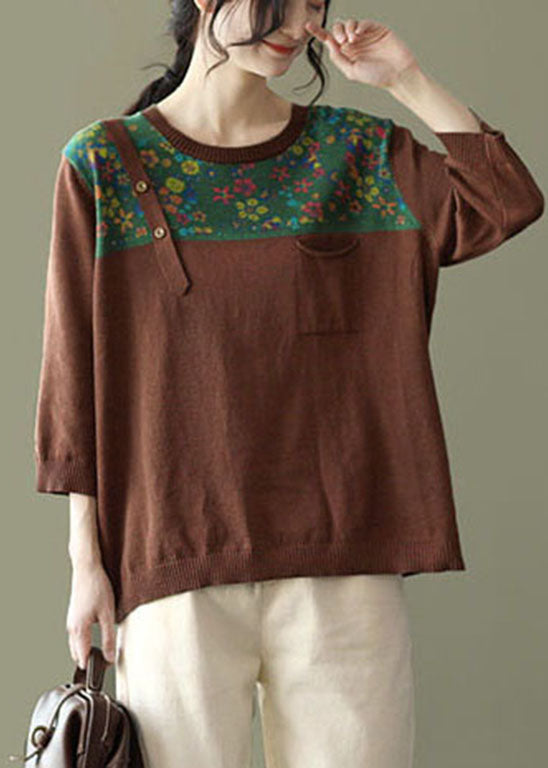 Loose Chocolate O-neck Button Patchwork Print Knit Tops Long Sleeve