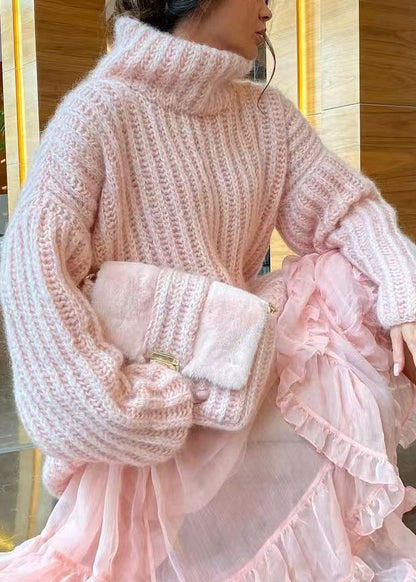 Loose Pink Turtleneck Knit Sweaters Spring
