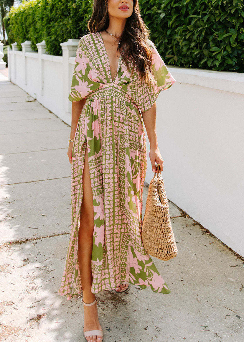 V Neck Print Side Open Chiffon Vacation Dresses Batwing Sleeve