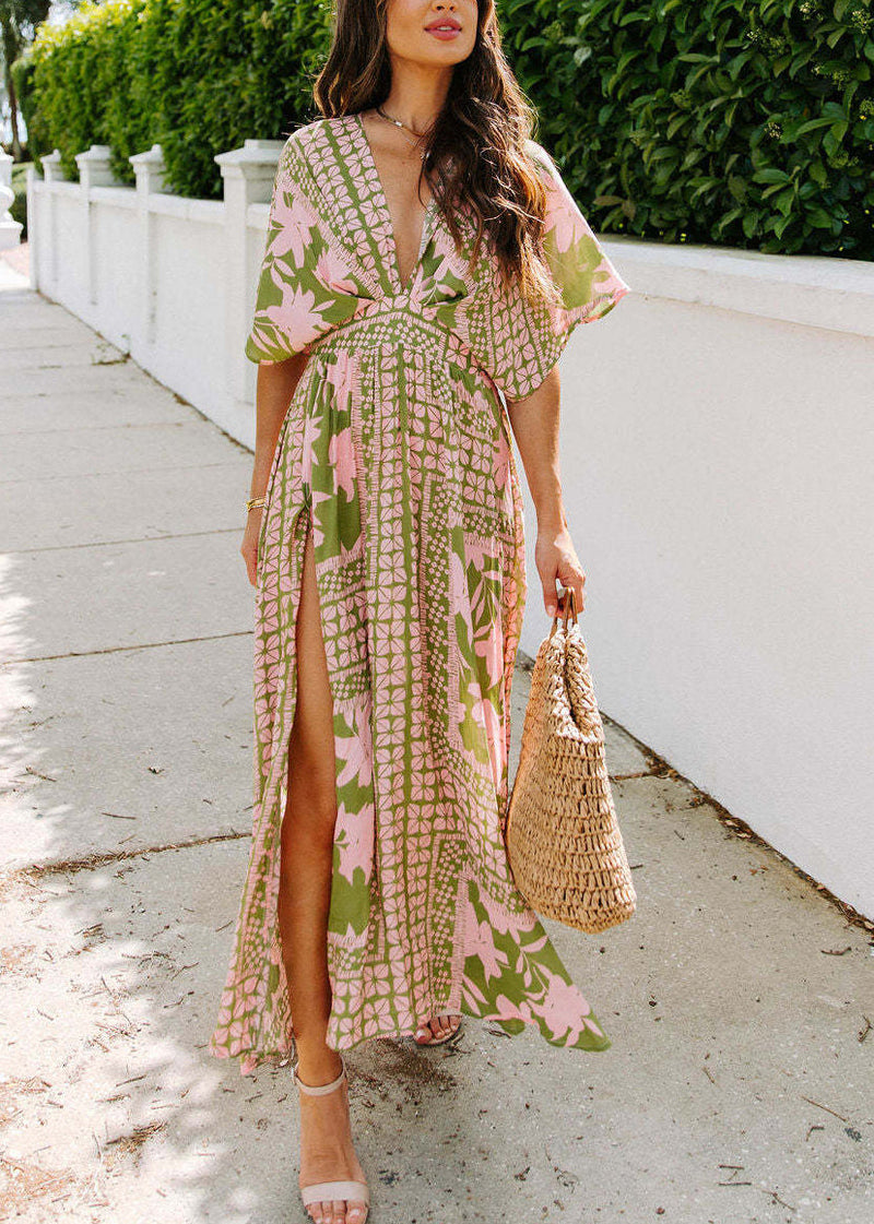 V Neck Print Side Open Chiffon Vacation Dresses Batwing Sleeve