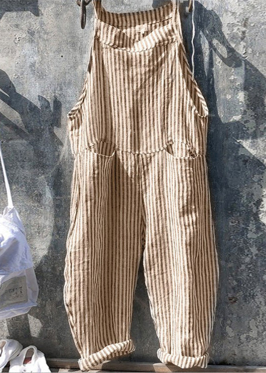 Yellow Striped Pockets Cotton Jumpsuits Summer