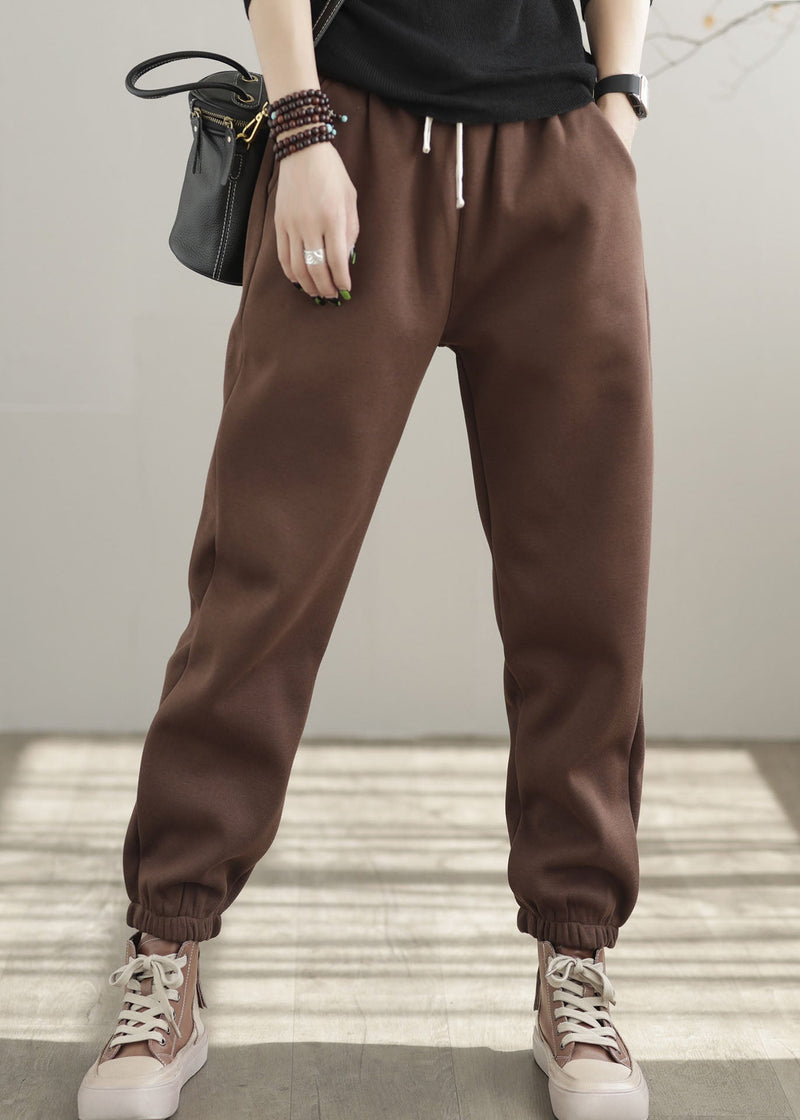 Chocolate Elastic Waist Oversized Warm Fleece Pants Winter