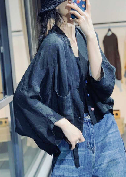 Black Low High Design Linen Coat V Neck Fall