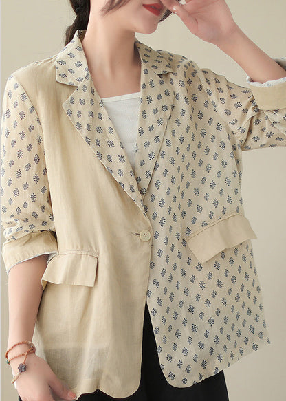 Beige Peter Pan Collar Print Ramie Coats Long Sleeve